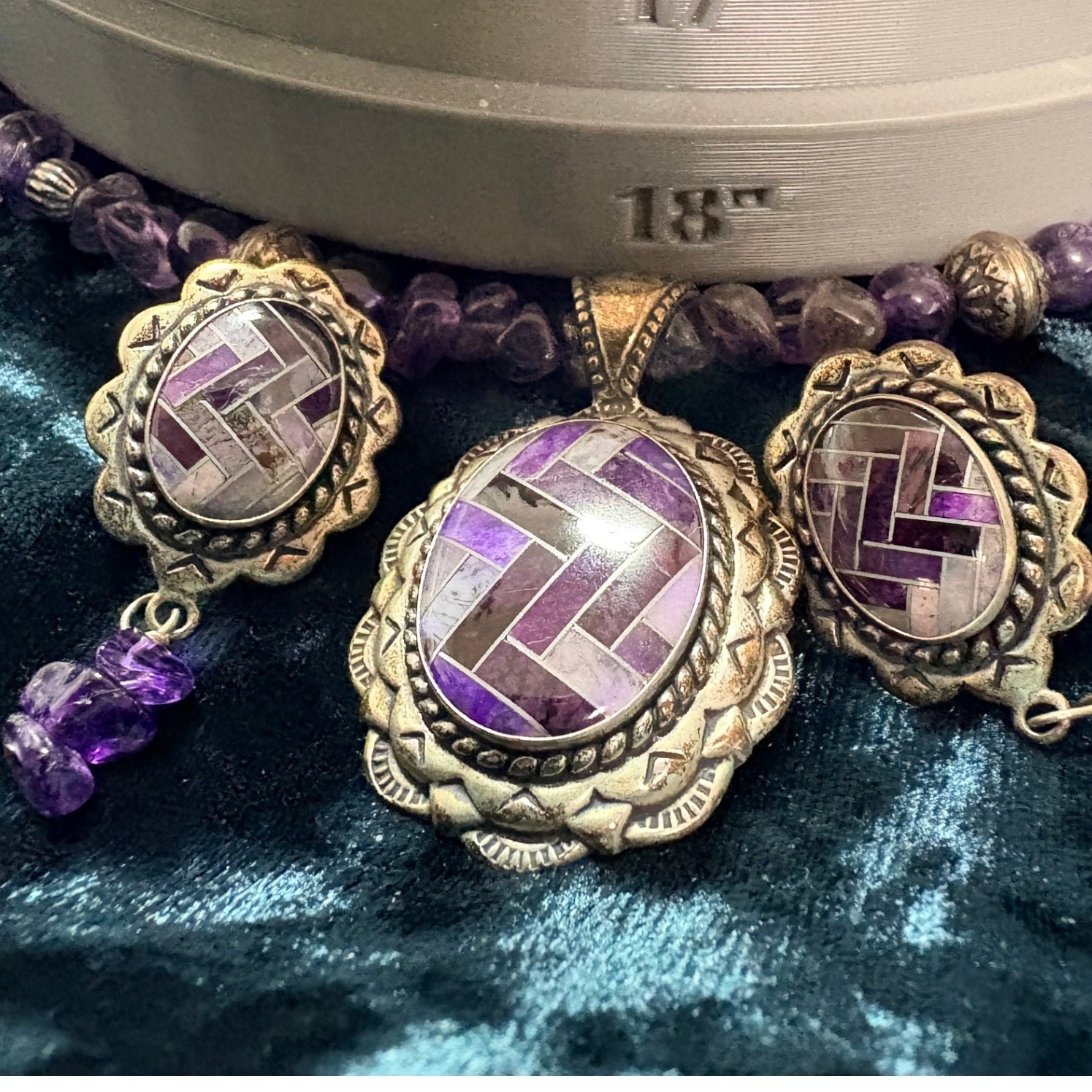 Carolyn Pollack Amethyst Inlay Necklace Pendant Earrings Set Sterling Silver 18 225$